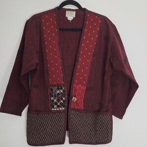 Vintage Veranda Wear Woven Kimono Style Jacket Womens Size Small Burgundy Button
